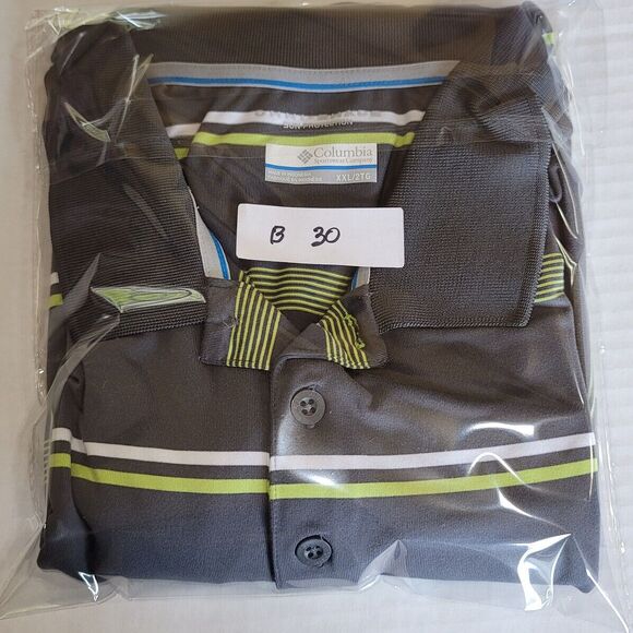 Columbia Men's Size 2XL Polo Omni-Shade Black w/Green White Stripes Short Sleeve - Picture 10 of 10